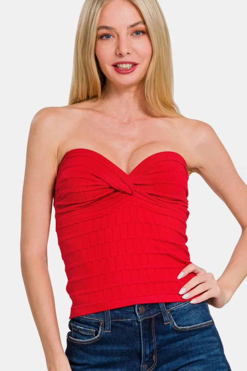 Zenana ruched twisted sweetheart neck top in black, featuring a fitted design and elegant neckline, perfect for casual or dressy wear.
