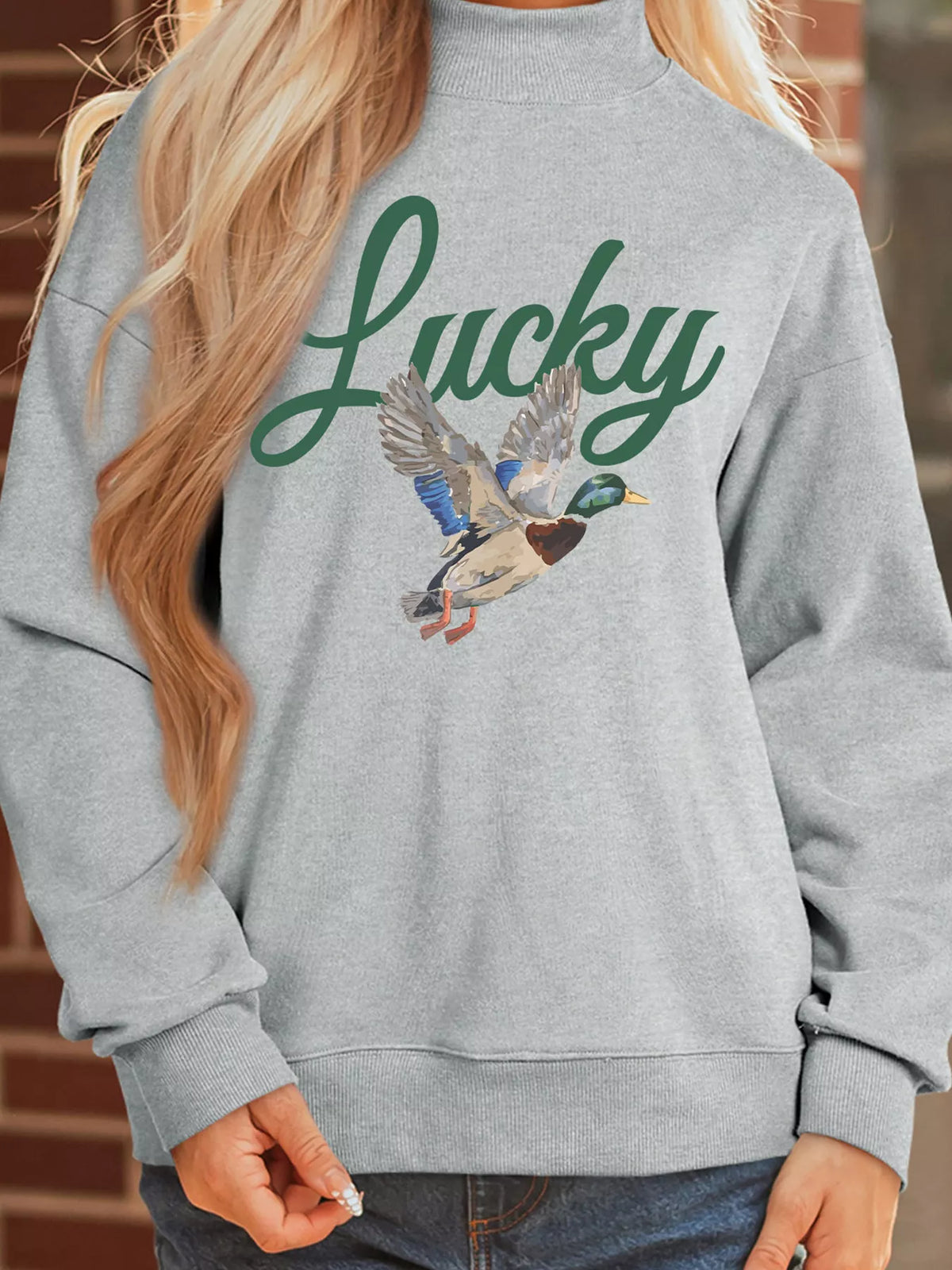 Gray mock neck sweatshirt with lucky mallard duck print, view 3