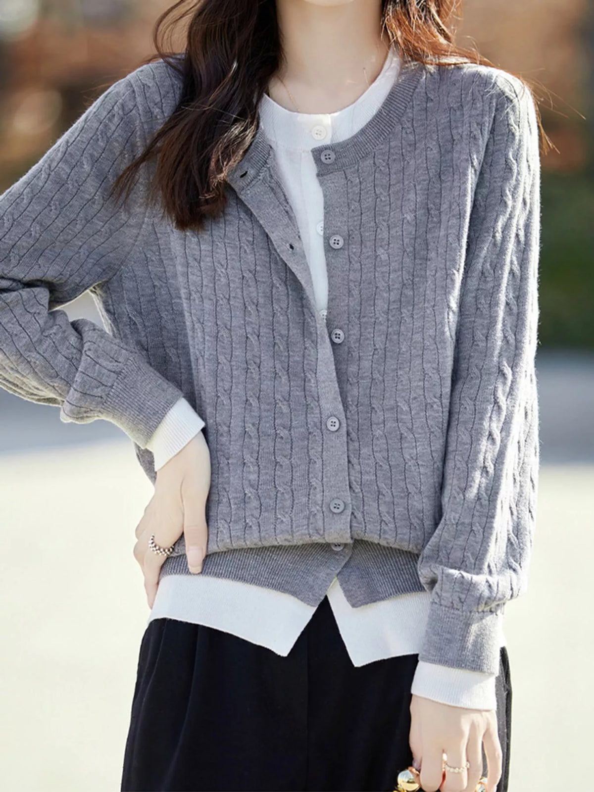 Cable-knit button-down cardigan, view 14