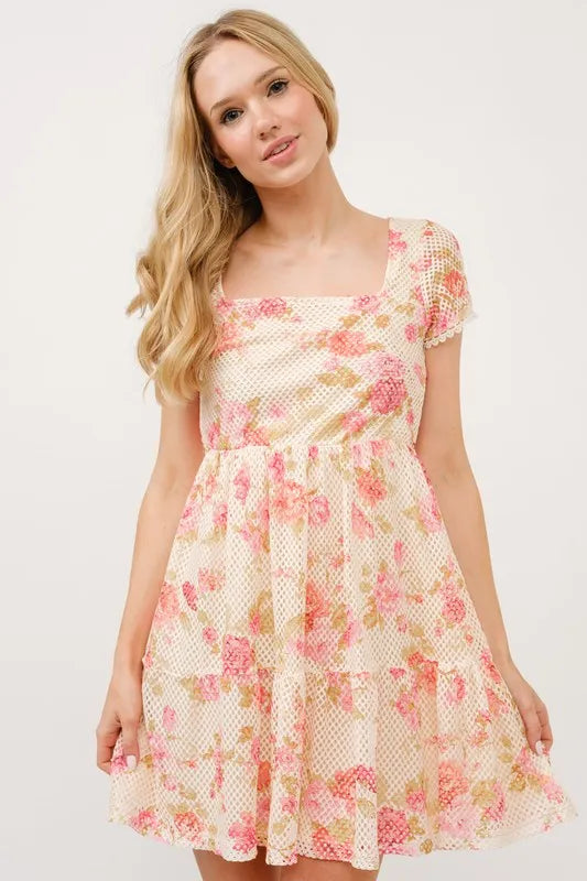 And The Why square neck tiered floral fishnet dress by Trendsi featuring a tiered design and floral pattern with a square neckline.
