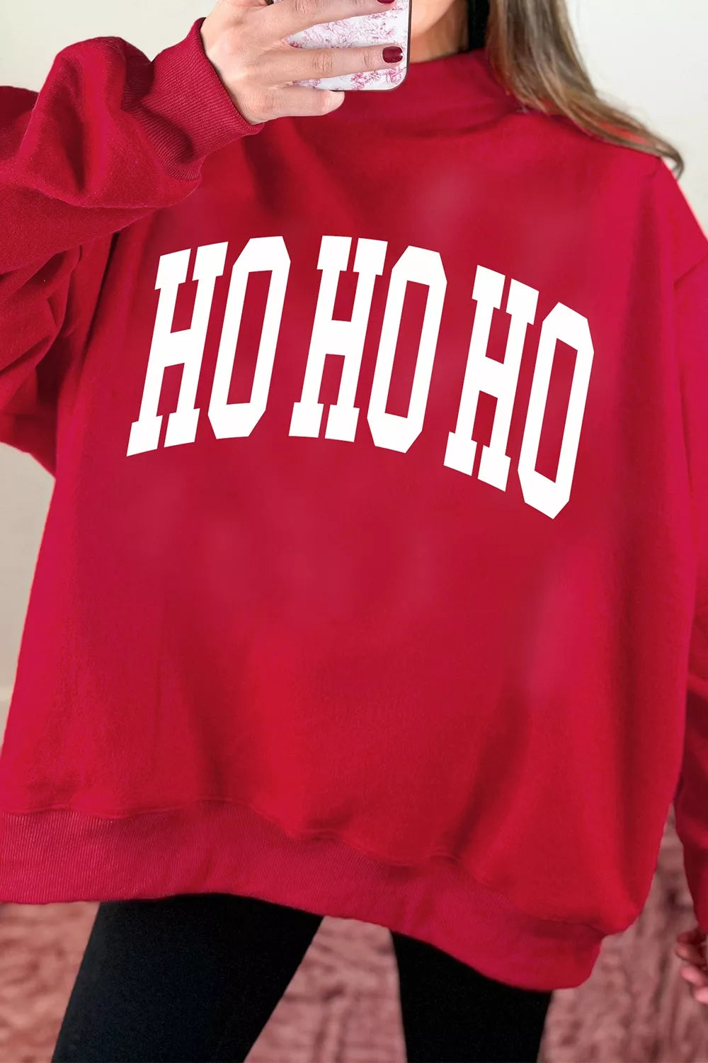 Deep red high neck tunic sweatshirt with MERRY slogan, view 6