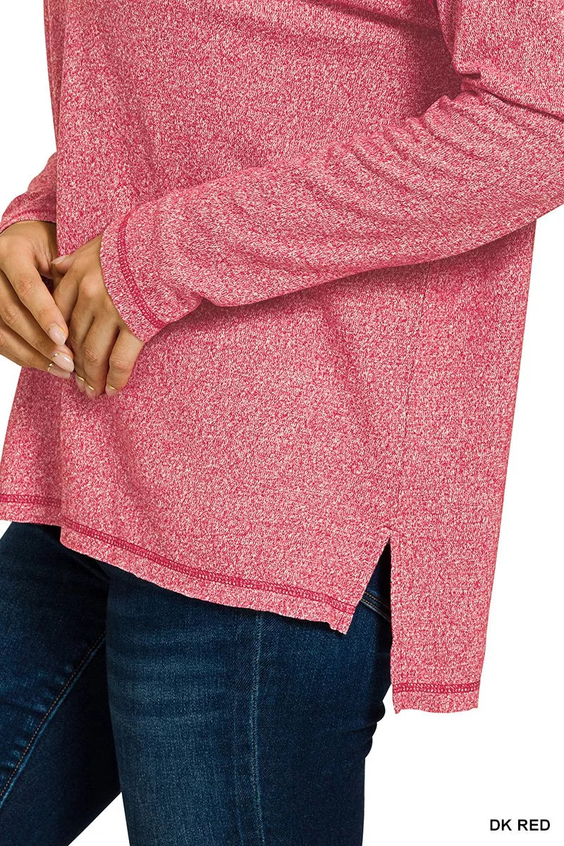 Soft melange Hacci exposed seam hi-low tee by Zenana, featuring a relaxed fit and casual style with visible seam details.