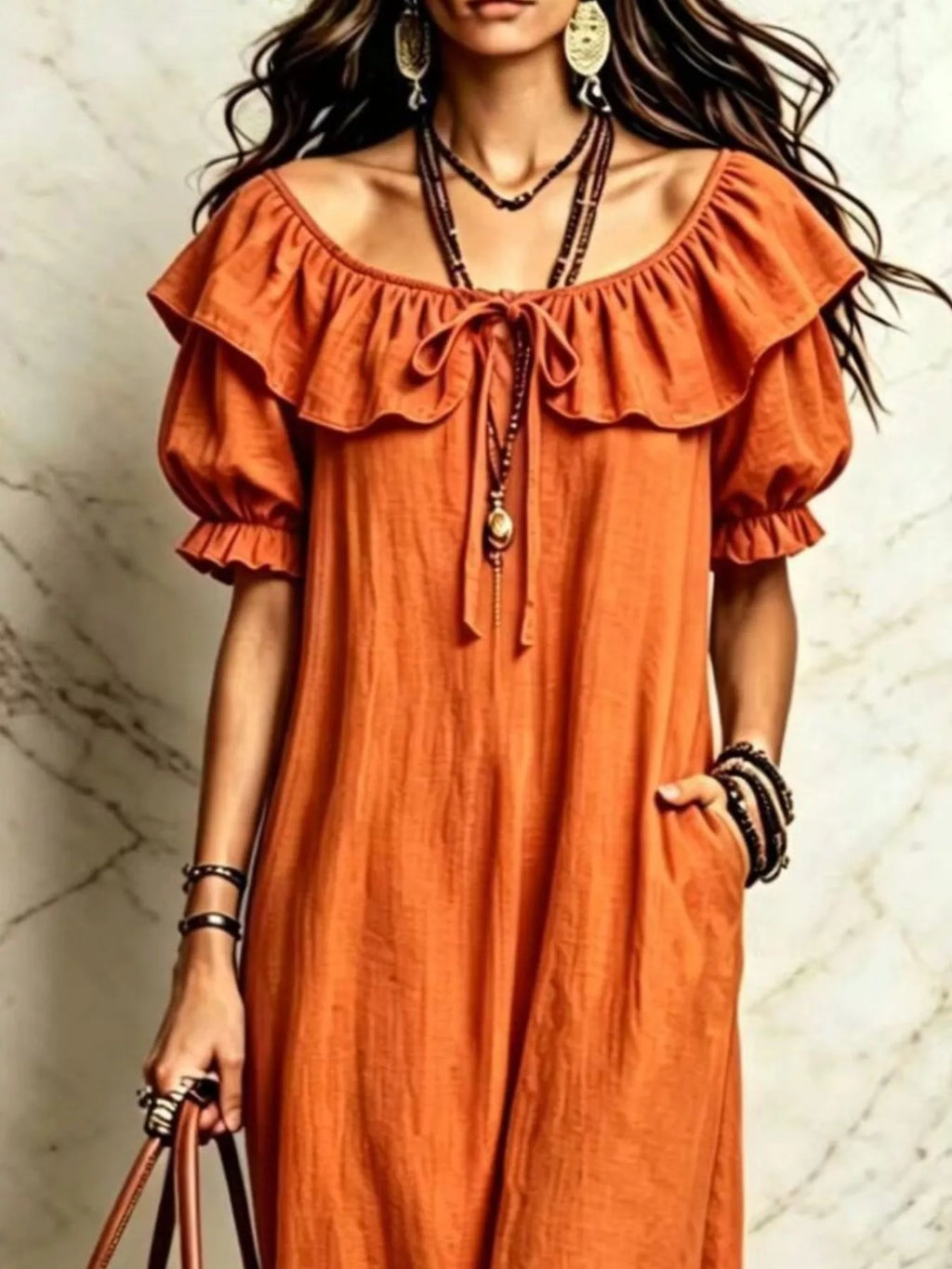 Maxi dress with ruffle trim and puff sleeves from Trendsi, featuring a flowing silhouette and feminine design.