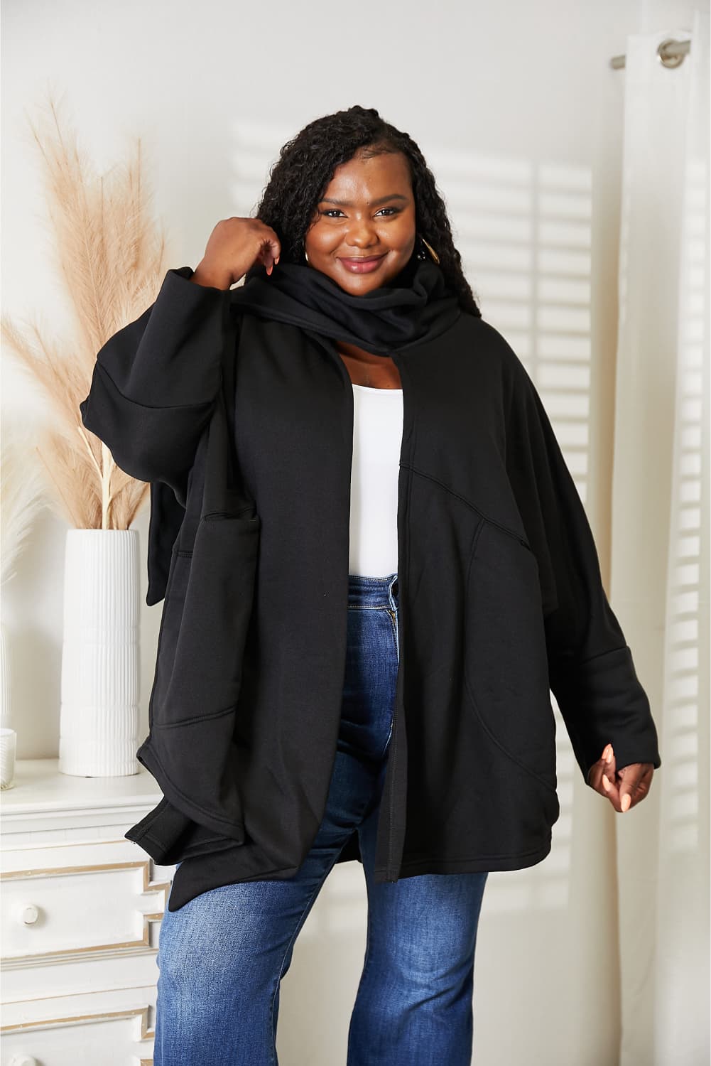 HEYSON full size open front cardigan with scarf design, featuring soft knit fabric and stylish drape, from Trendsi.