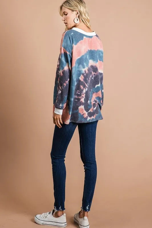 Colorful BiBi Tie Dye deep V-neck top with lace-up front, stylish and casual, perfect for trendy summer outfits.