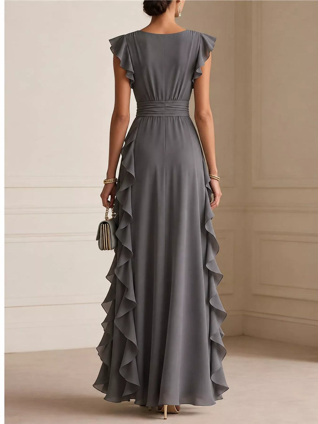Sleeveless ruffled surplice maxi dress in flowing fabric, featuring a fitted waist and elegant design by Trendsi.