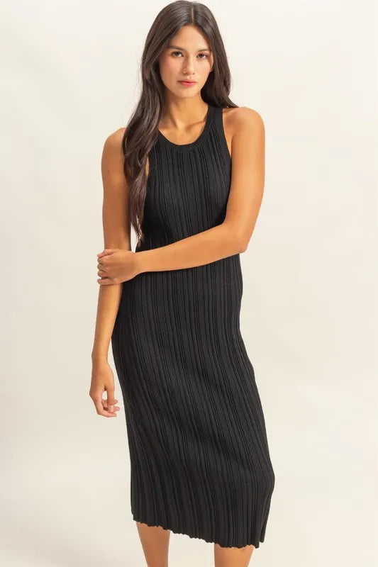 HYFVE ribbed knit bodycon dress with round neckline, form-fitting design, in black, styled for casual or evening wear