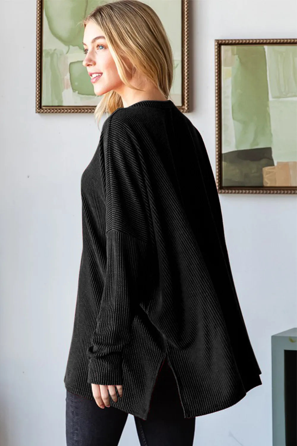 Black long sleeve ribbed top with sequin nutcracker, view 2