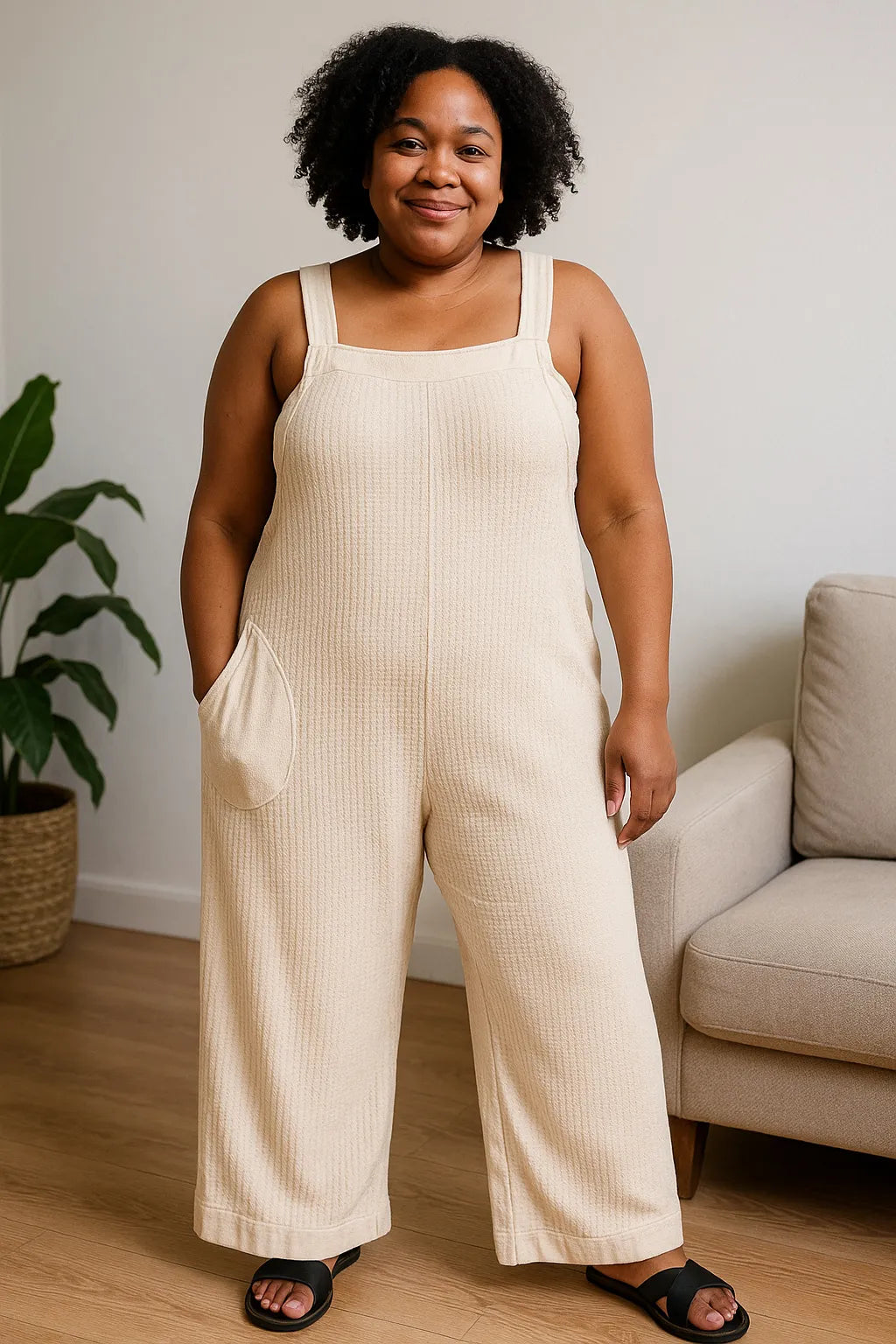 Zenana Knit Waffle Wide Leg Overalls in cozy knit waffle fabric, featuring a relaxed fit and wide leg design.