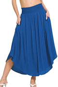 Zenana woven crinkle maxi skirt with smocked waist and pockets, styled with a flowy, comfortable design perfect for casual wear.