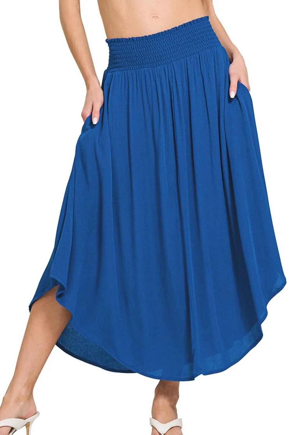 Zenana woven crinkle maxi skirt with smocked waist and pockets, styled with a flowy, comfortable design perfect for casual wear.