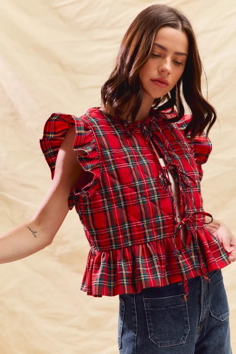 Red plaid ruffled quilted Christmas vest top, view 11