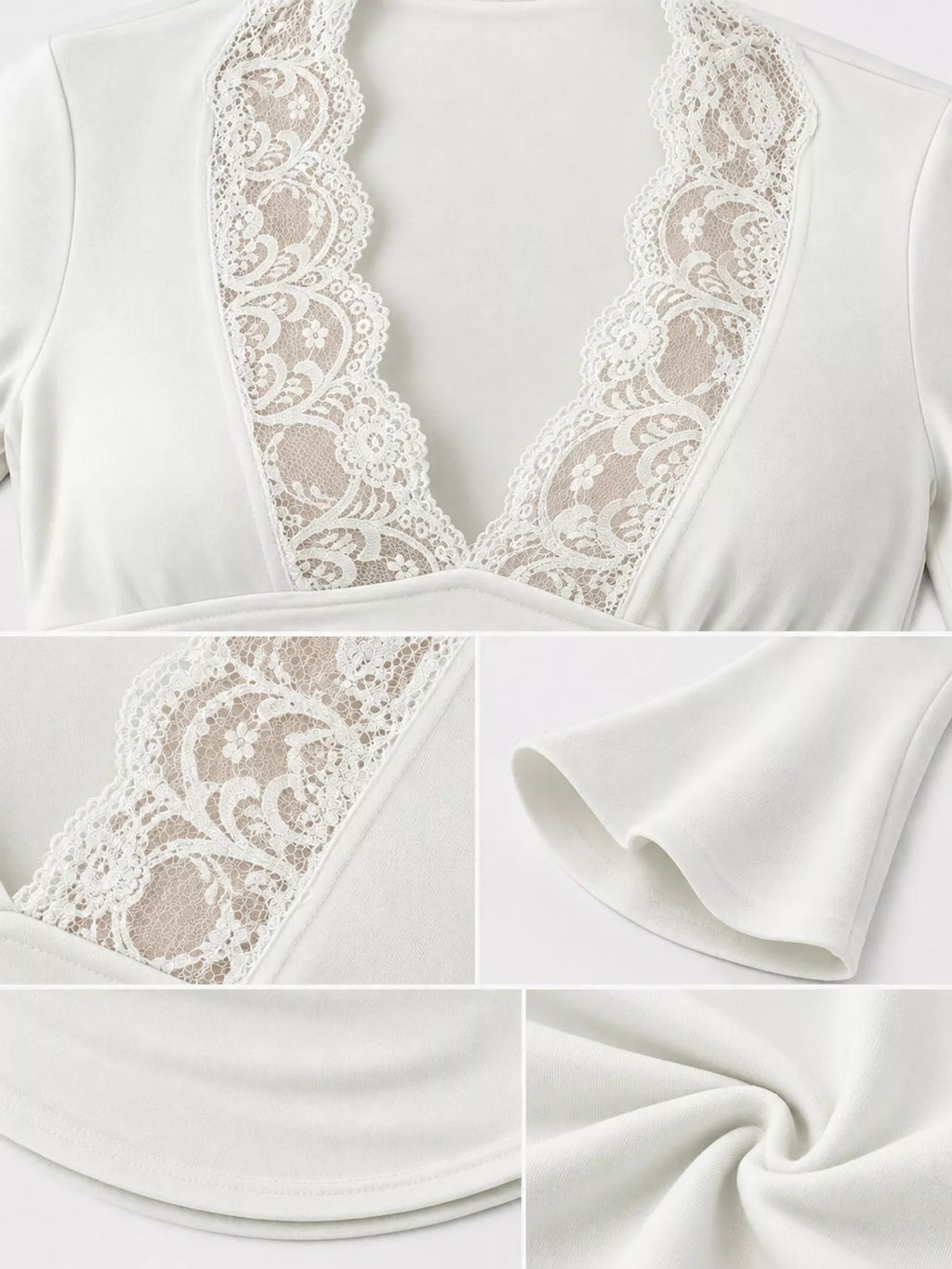 Slim fit lace trim V-neck long sleeve T-shirt from Trendsi, featuring delicate lace details and a classic V-neck design.