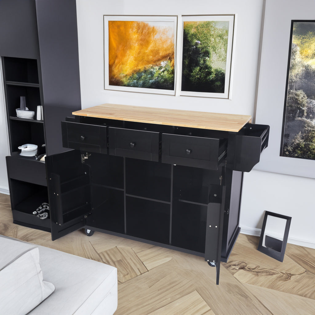 Black Rolling Kitchen Island with Drop-Leaf Top & Storage