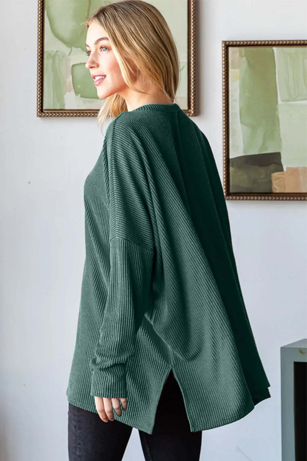 Hunter green long sleeve ribbed top with sequin nutcracker, view 2