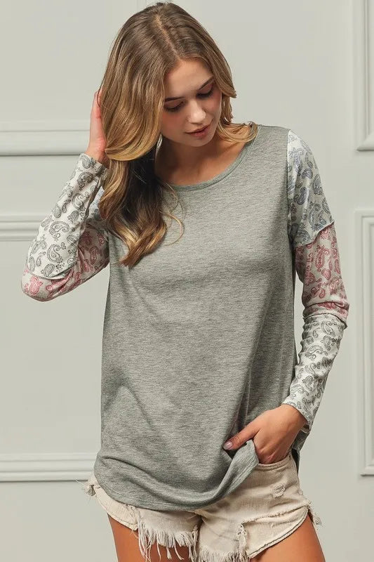 BiBi French Terry fabric with paisley triblend color block, soft knit material, casual stylish clothing from Trendsi.