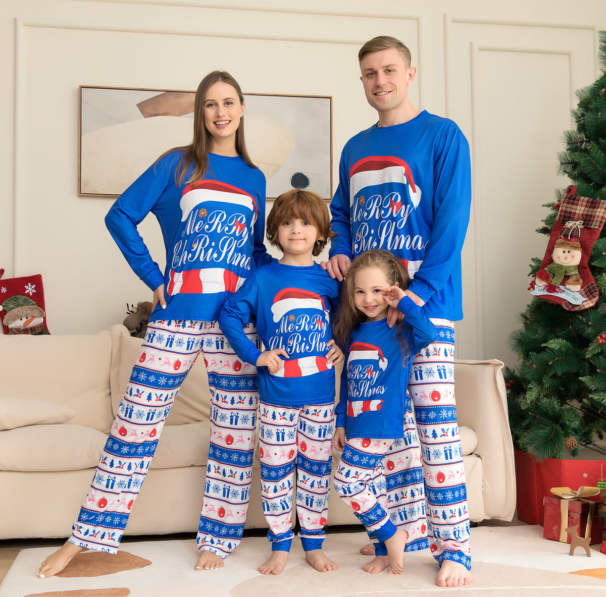 Family Christmas pajamas with letter print top and plaid pants