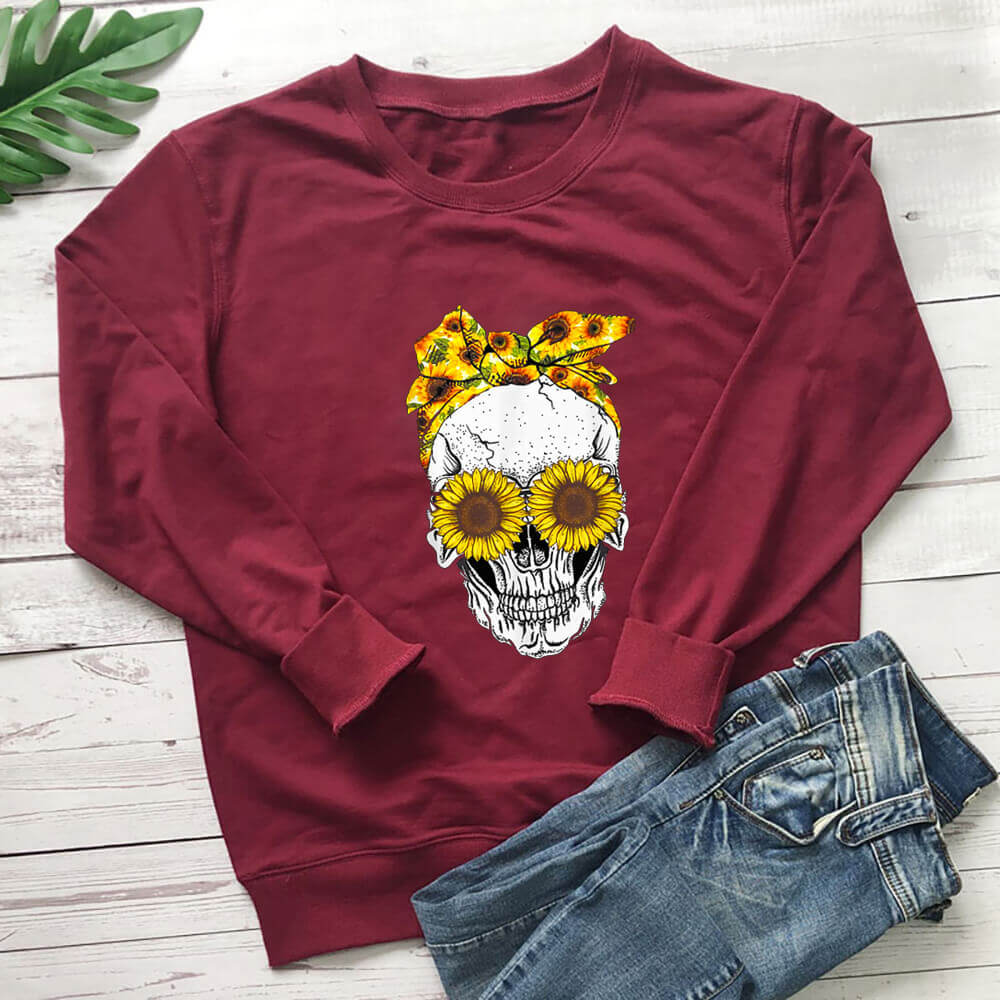 Women's Skull & Sunflower Loose Crewneck Sweatshirt