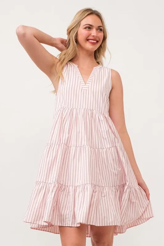 Lime 'N' Chili striped sleeveless V-neck tiered dress by Trendsi, showcasing the colorful tiered design and lightweight fabric.