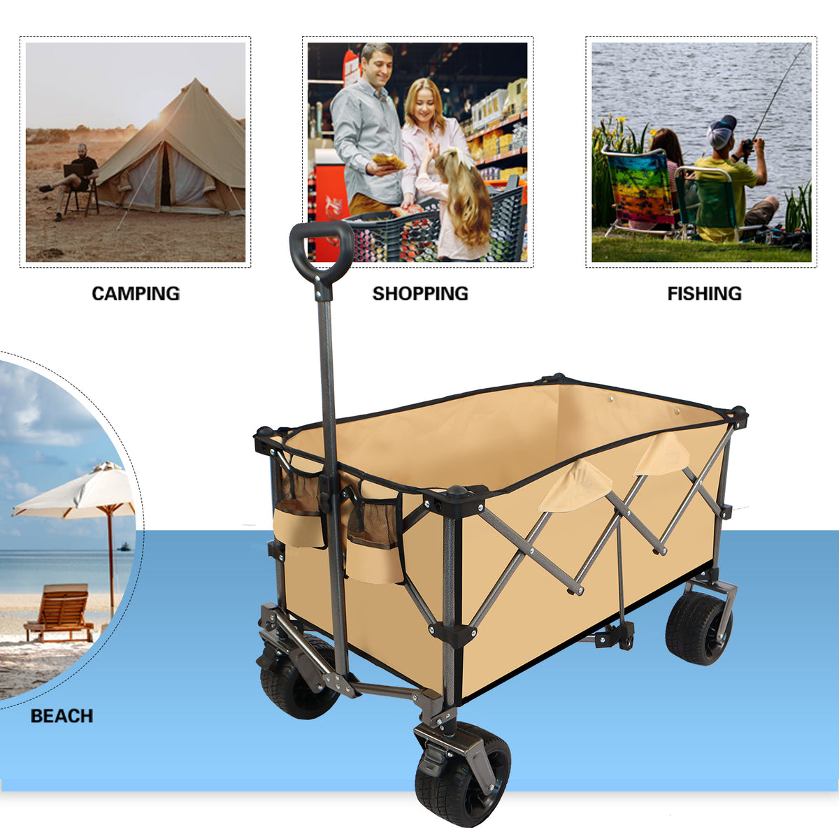 Collapsible Push-Pull Beach Wagon – Grayish Brown