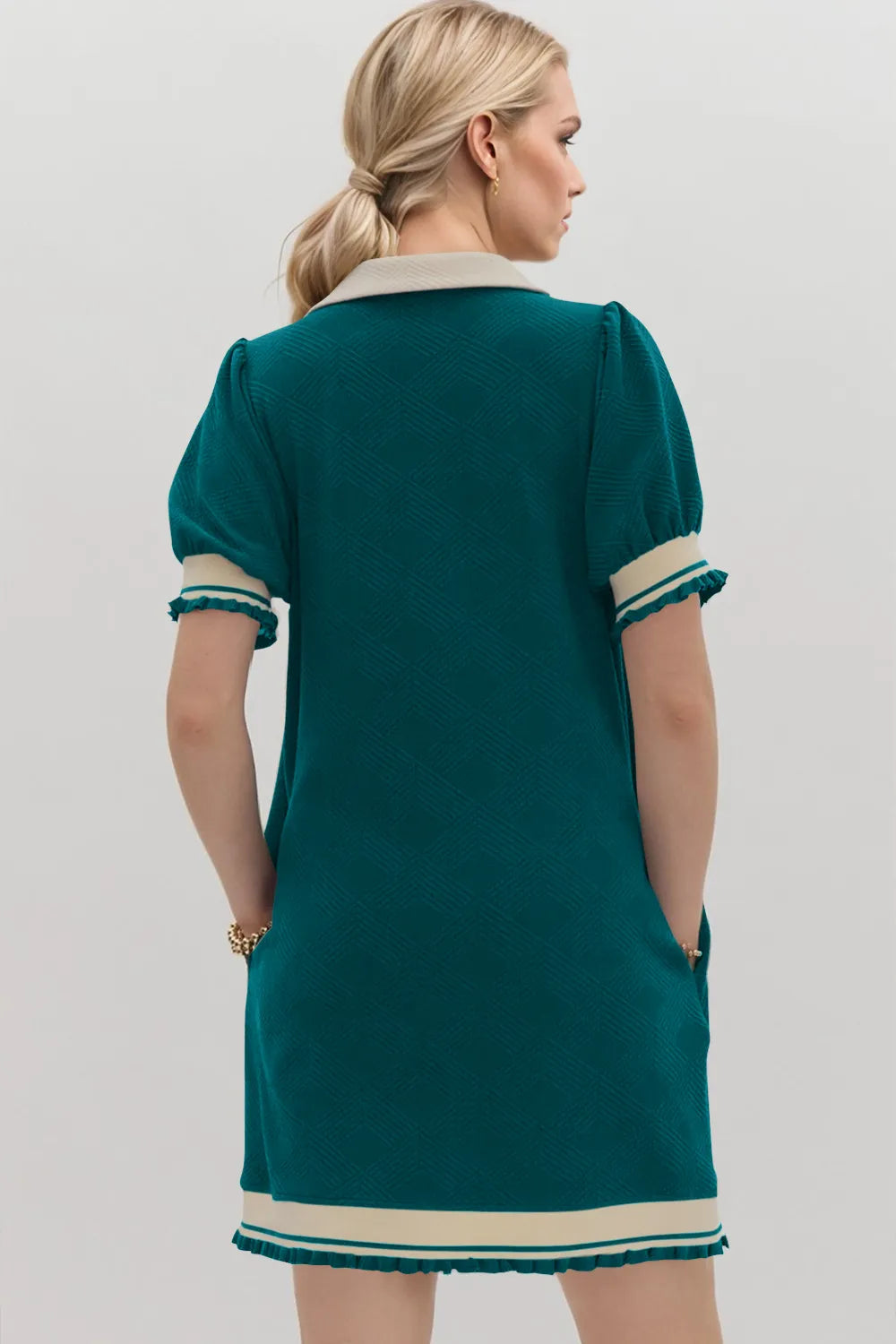 Oh Frill contrast trim Johnny collar short sleeve mini dress by Trendsi, featuring a stylish design with frills and a classic collar.