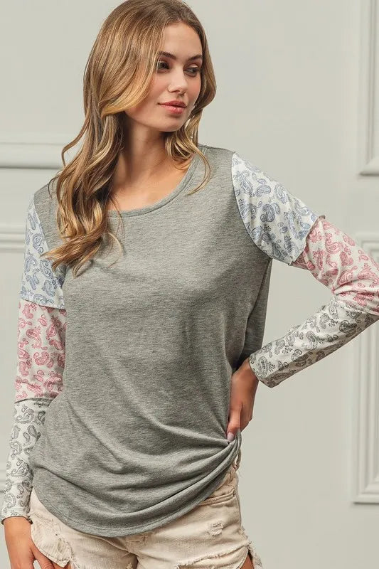 BiBi French Terry hoodie with paisley triblend color block design, featuring a relaxed fit and stylish pattern.