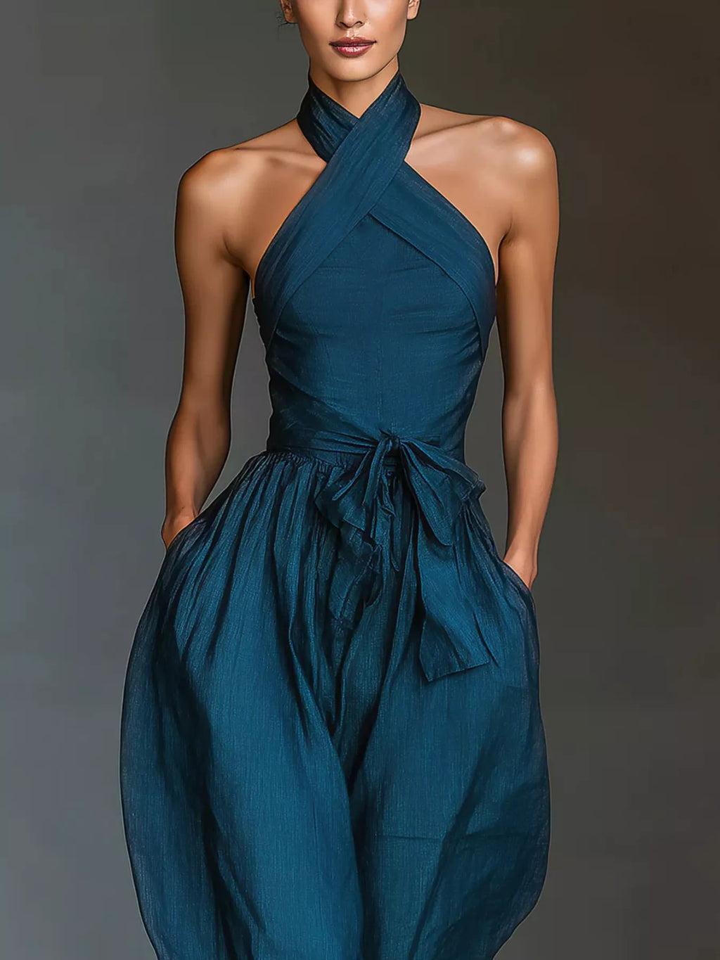 Halter neck wide-leg jumpsuit with waist-tie detail, trendy fashion by Trendsi, shown in a stylish, full-length shot.