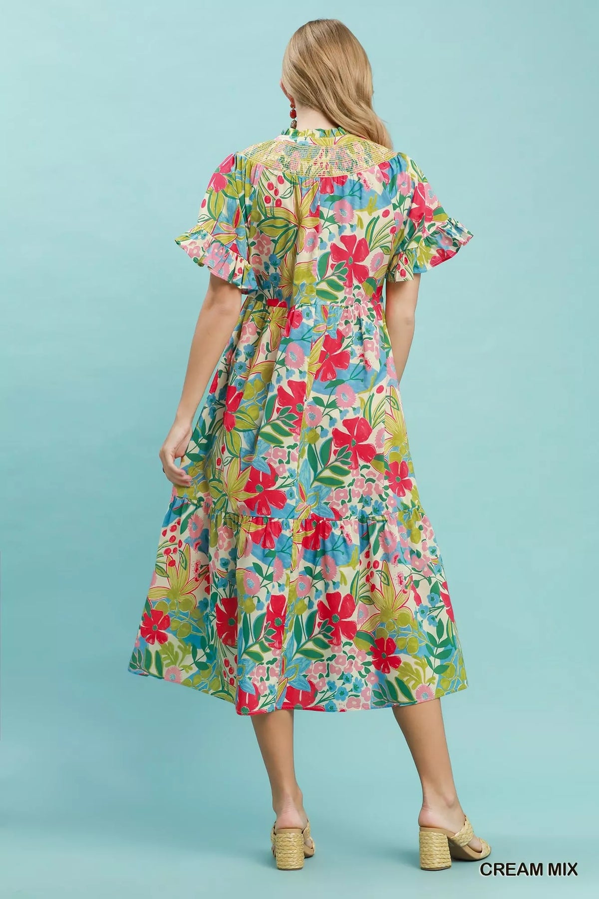 Tropical floral ruffle sleeve tiered midi dress by Umgee, featuring a flowy silhouette and vibrant floral pattern.