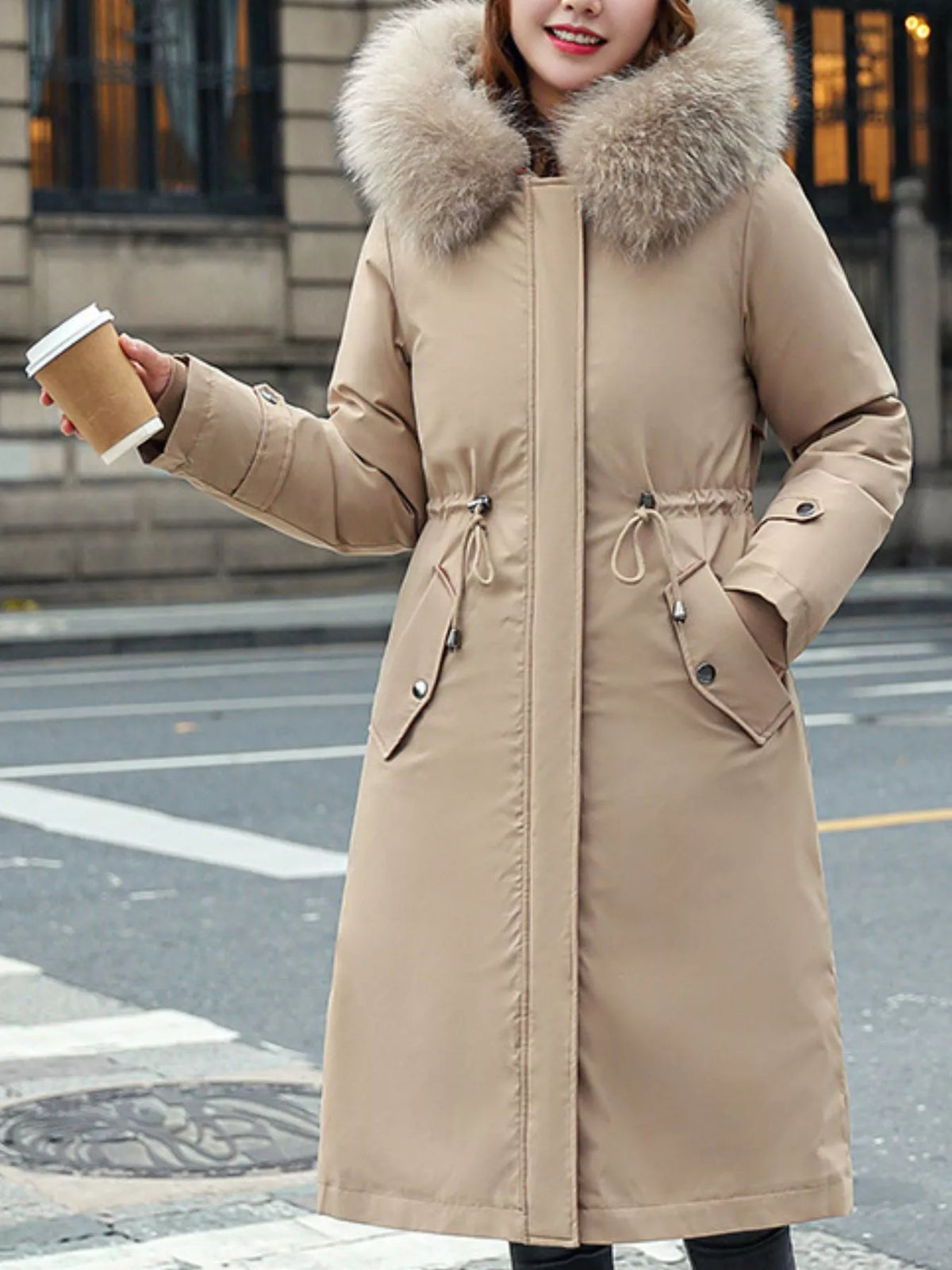 Longline hooded parka with faux fur trim and drawstring waist
