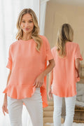 Sew In Love round neck ruffled top by Trendsi, featuring a feminine design with ruffles and a classic round neckline.