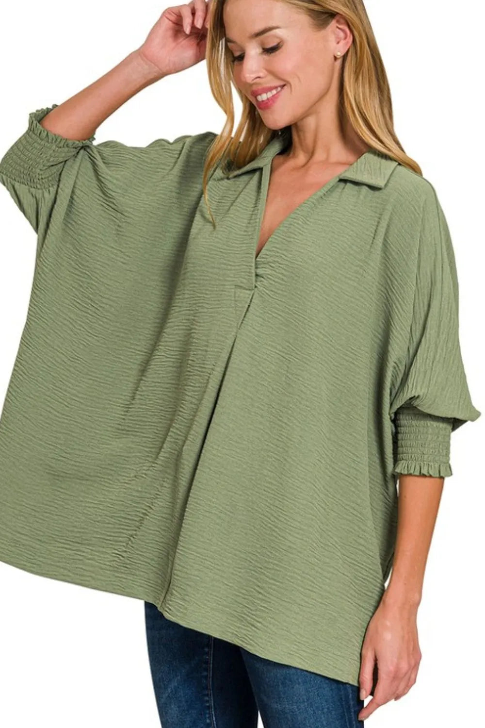 Zenana Airflow Collar Tee with smocked sleeve band, featuring a relaxed fit and soft fabric, shown on a model.