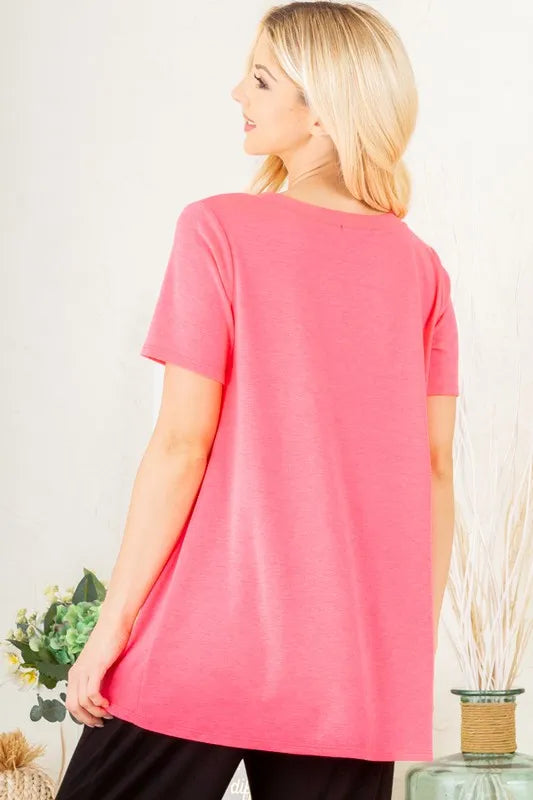 Plus size Heimish V-neck short sleeve T-shirt with bar detail, featuring a full-size fit and casual style for everyday wear.
