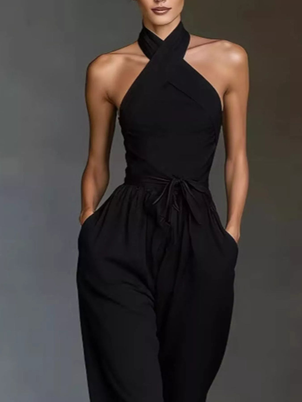 Halter neck wide-leg jumpsuit with waist-tie detail, stylish fashion piece from Trendsi featuring a modern, elegant design.