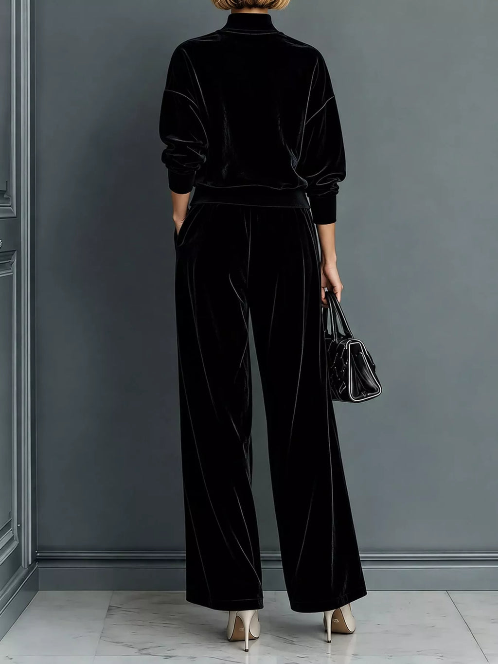 Velvet mock neck long sleeve top and wide-leg pants set by Trendsi, featuring a soft texture and chic, comfortable style.