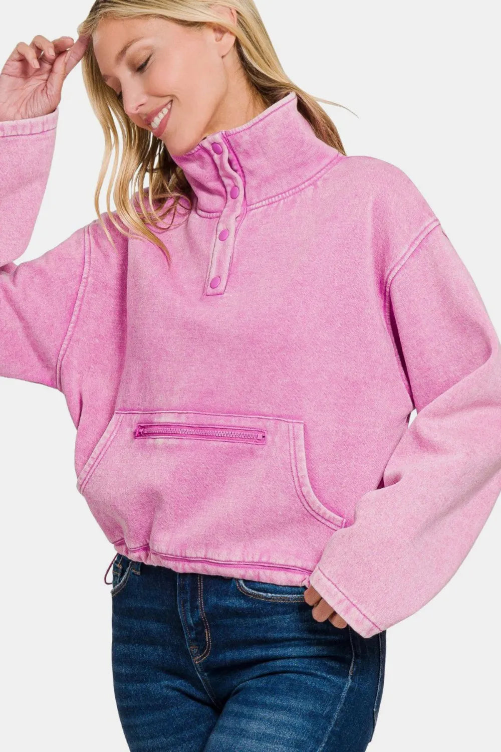 Mauve acid wash fleece half-snap sweatshirt with kangaroo pocket, view 2