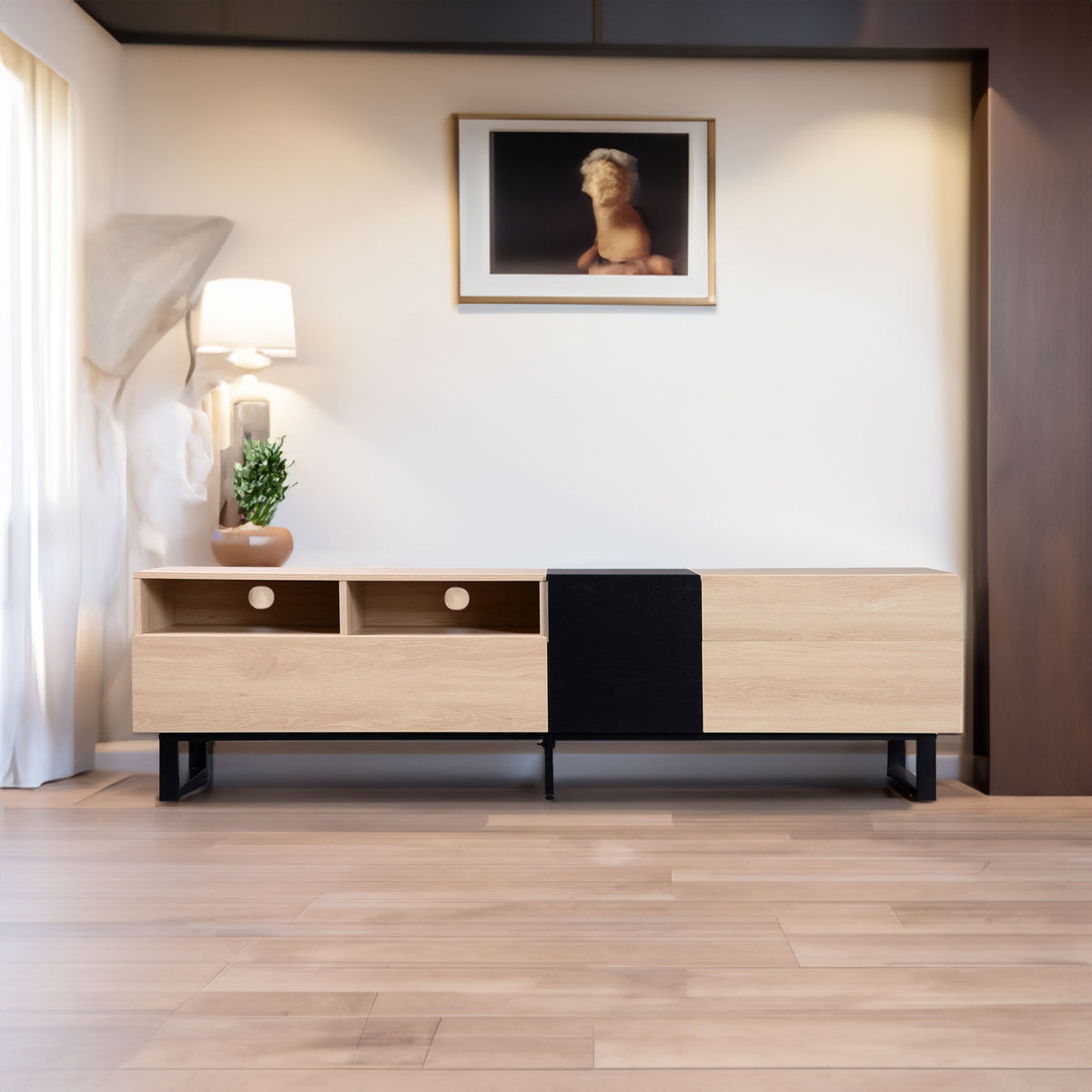 70.9-Inch Natural-Wood Modern TV Stand with Drawers & Drop-Down Storage