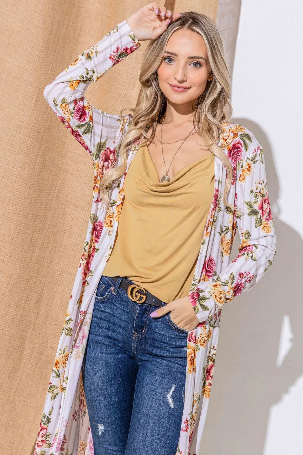 Burgundy stripe floral kimono longline cardigan, view 5