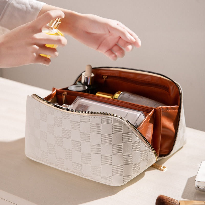 Women's Checkered PU Travel Makeup Bag