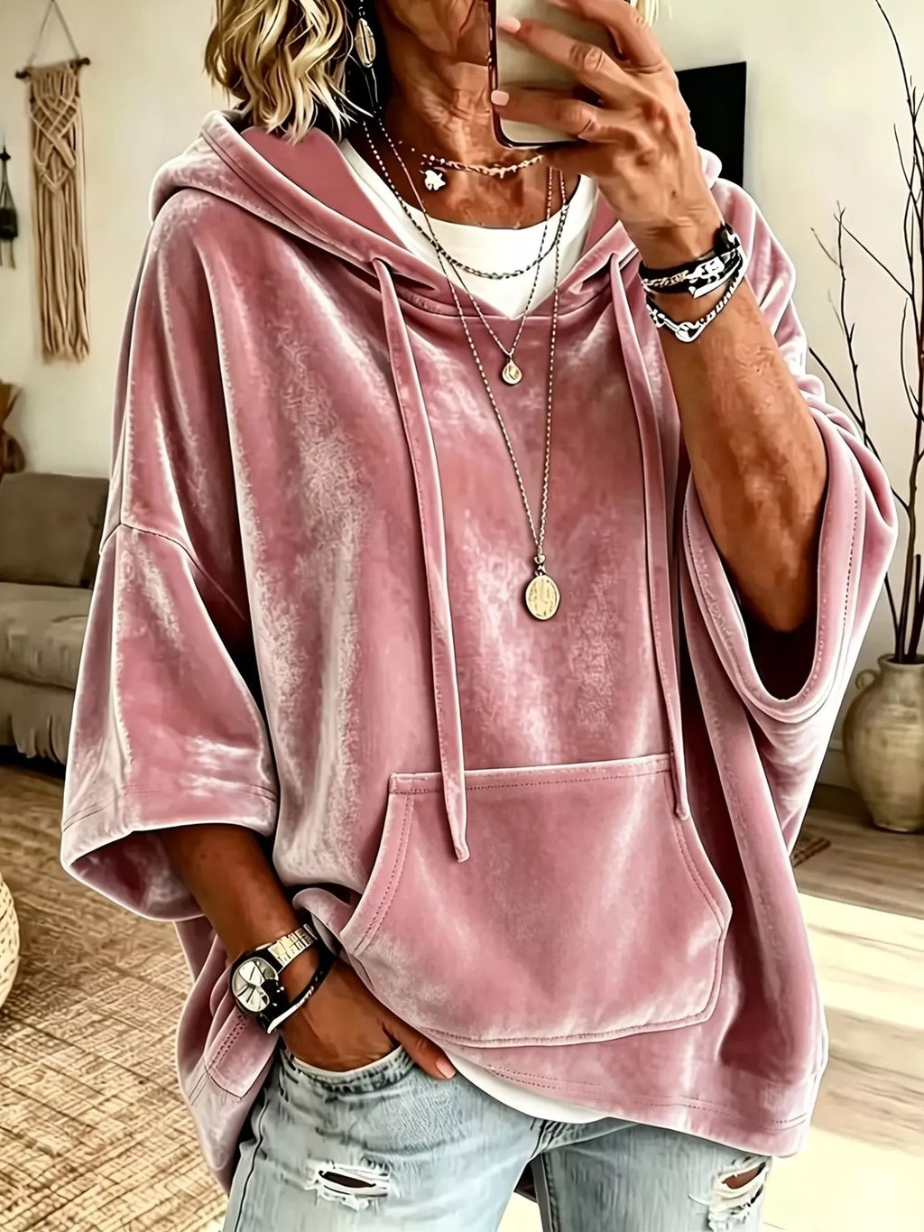 Plus size velvet 3/4 sleeve hoodie with kangaroo pocket