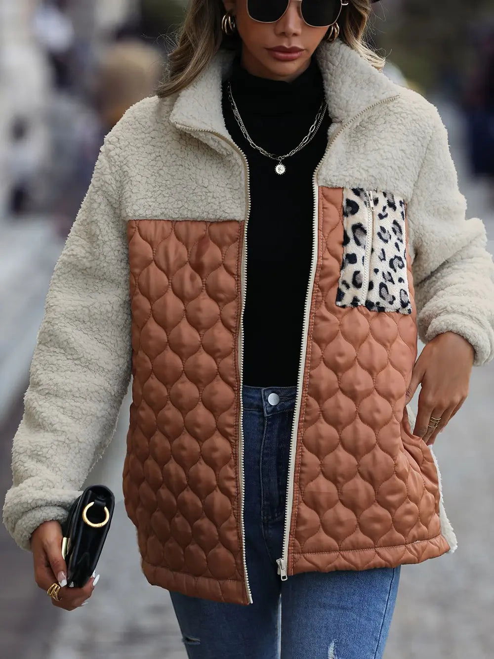 Leopard color block zip-up jacket