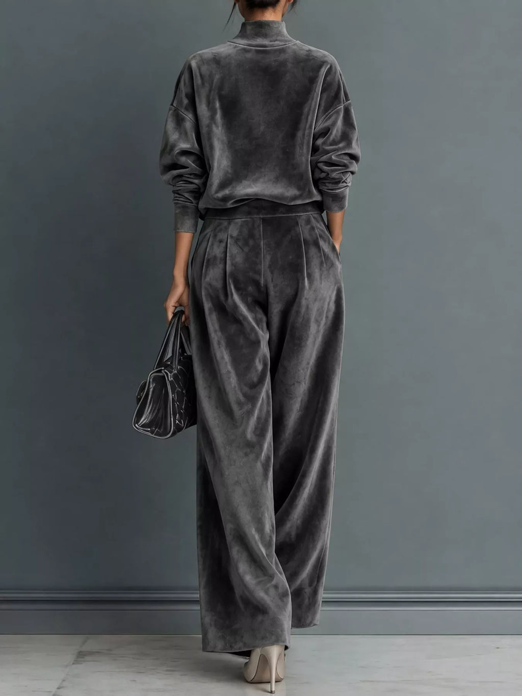 Velvet mock neck long sleeve top and wide-leg pants set by Trendsi, featuring a soft, luxurious fabric in deep color.