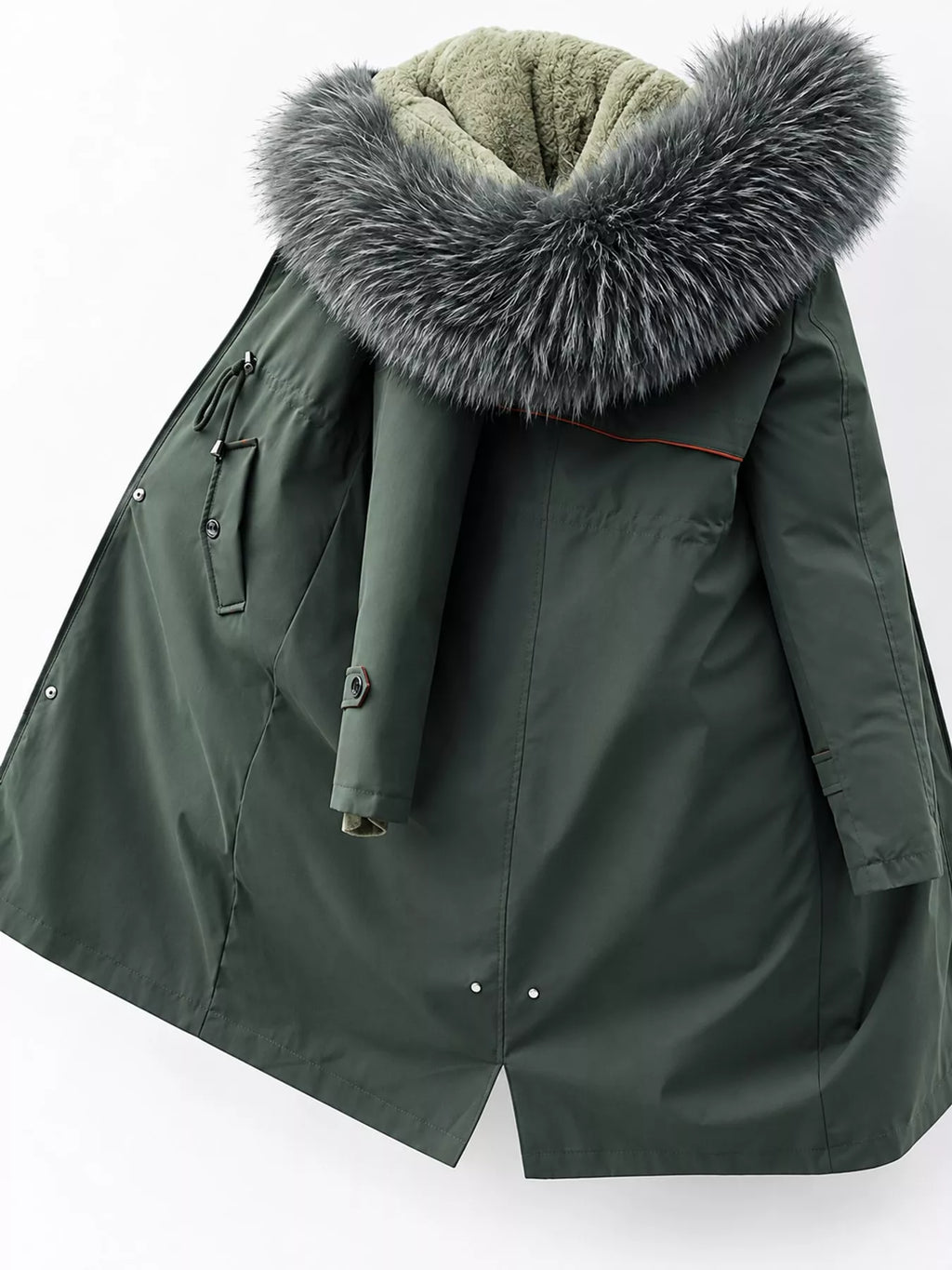 Longline hooded parka with faux fur trim and drawstring waist, view 19
