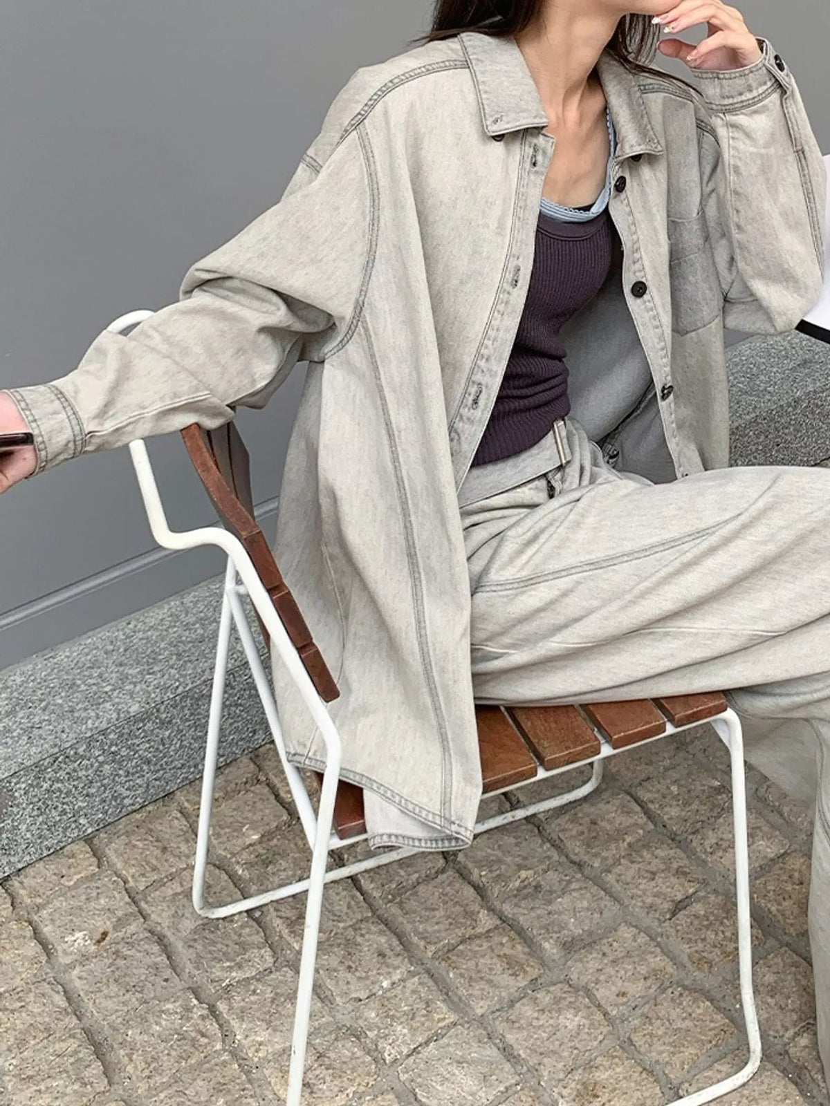 Gray button-down denim shacket, view 7