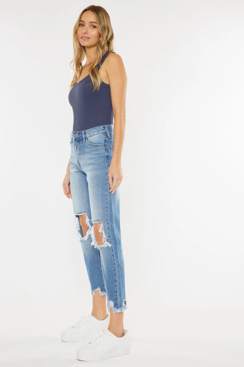 Kancan high waist mom jeans with chewed-up straight leg design, denim texture, and distressed details, styled for casual wear