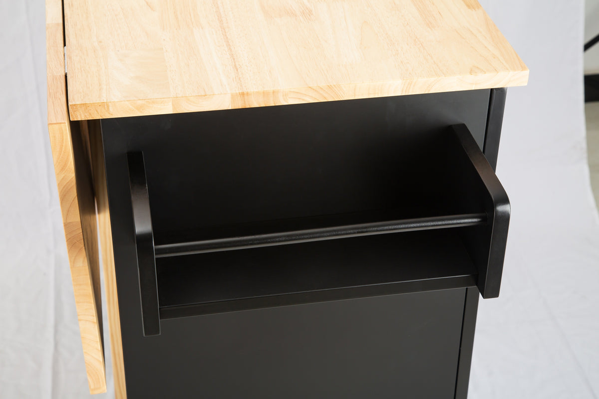 Black Rolling Kitchen Island with Extendable Rubber-Wood Top