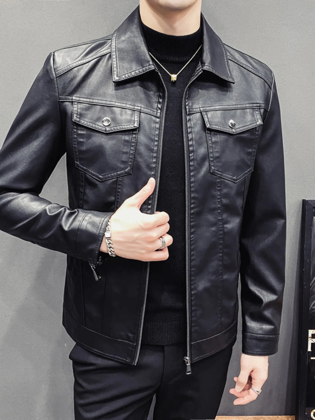 Men's black plus size classic fit faux leather jacket, view 3