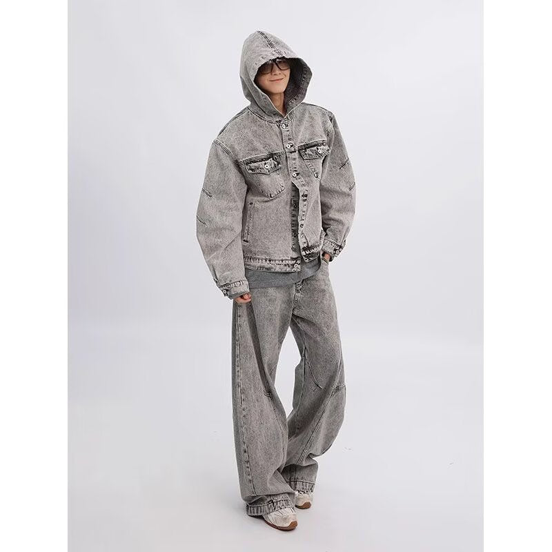 Retro washed distressed deconstruction niche hooded denim jacket top for teenagers