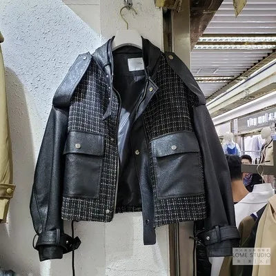 Autumn Women Black Leather Jacket Zipper Short Biker Coat Big Pocket Fashion Spliced PU Jackets Loose Bomber Jacket Female