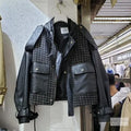 Autumn Women Black Leather Jacket Zipper Short Biker Coat Big Pocket Fashion Spliced PU Jackets Loose Bomber Jacket Female