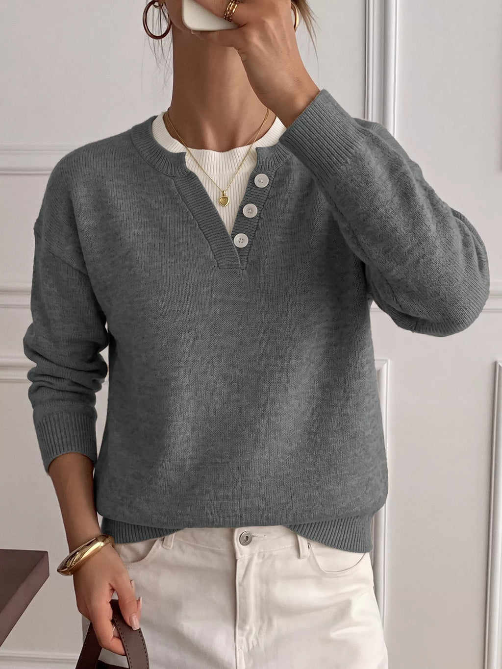 Dropped shoulder sweater with decorative buttons, view 4